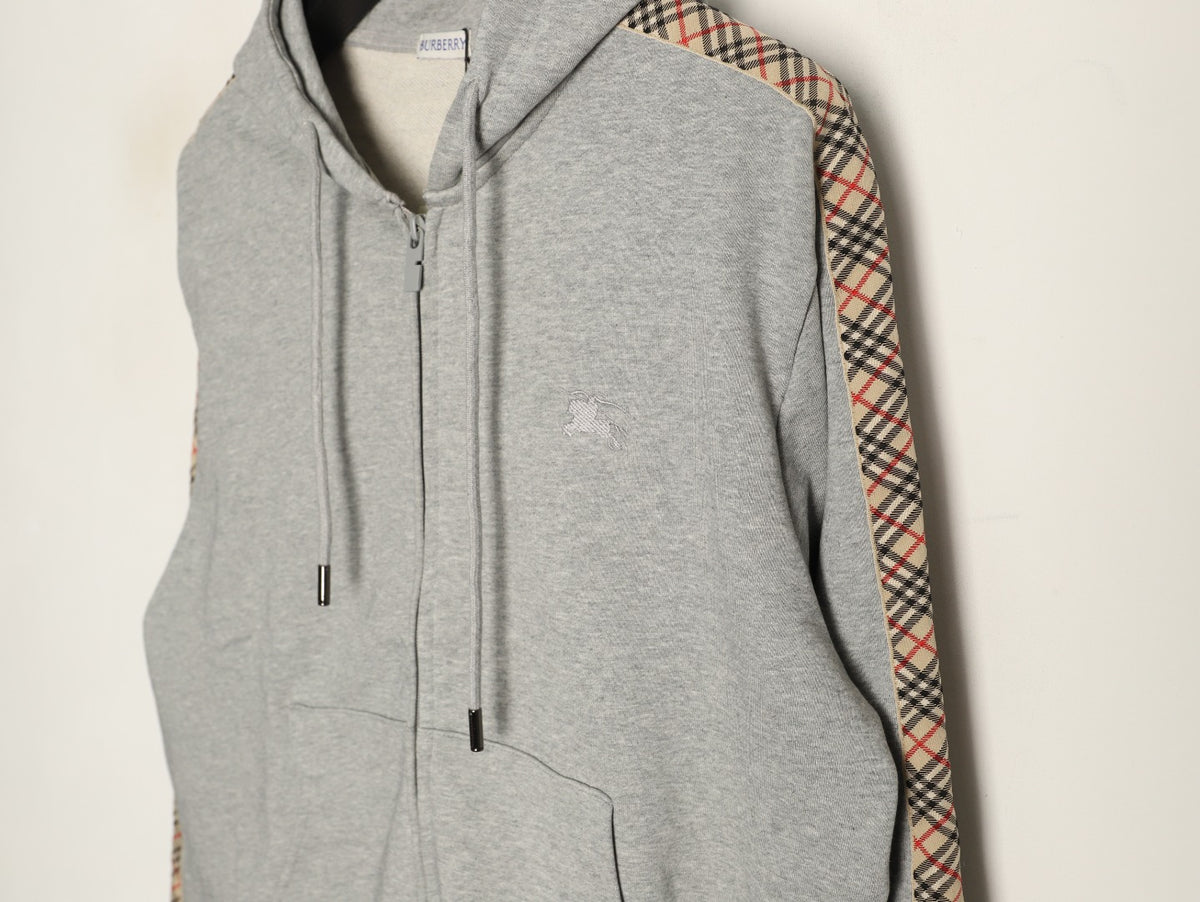 Burberry 25FW Gray Check-Trim Zip Hoodie Jacket