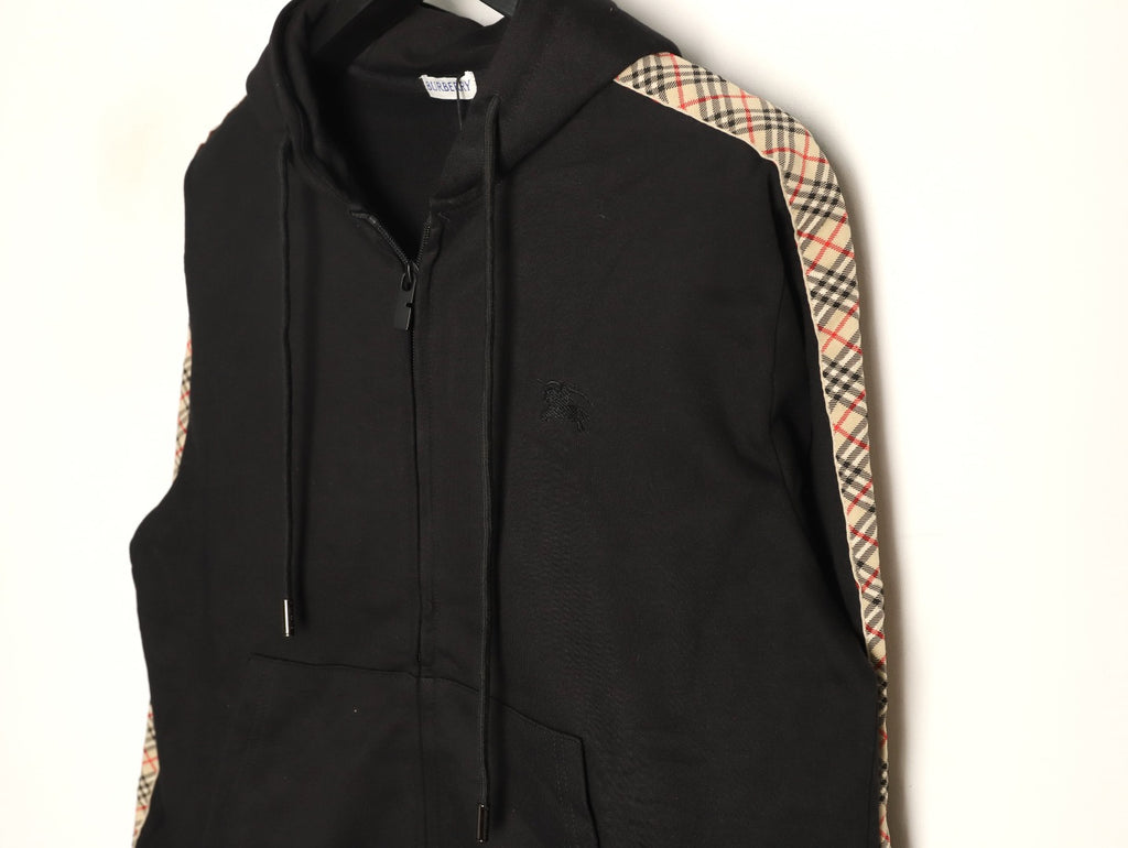 Burberry 25FW Black Check-Trim Zip Hoodie Jacket