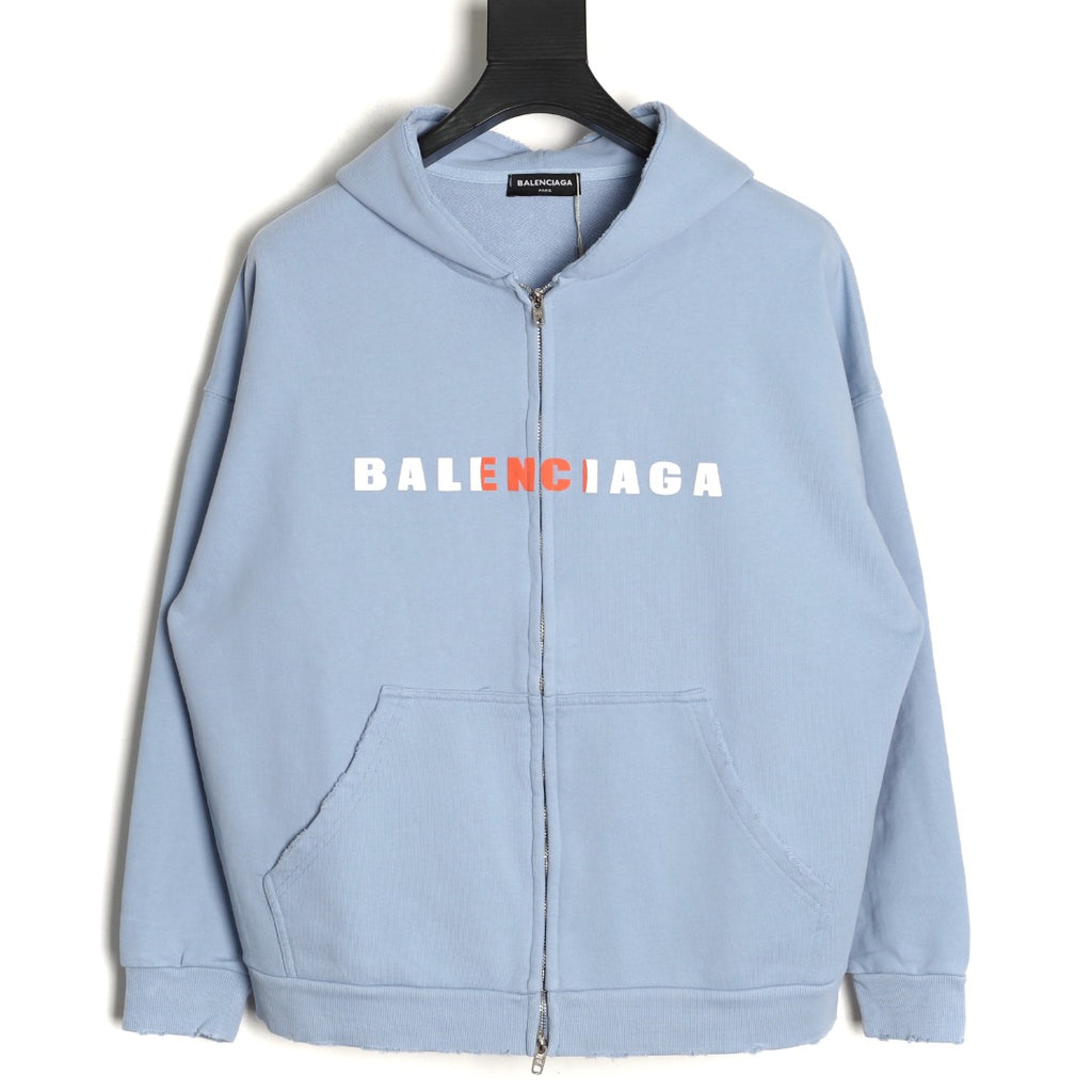 Balenciaga 25FW Light Blue Multicolor-Letter Zip Hoodie Jacket