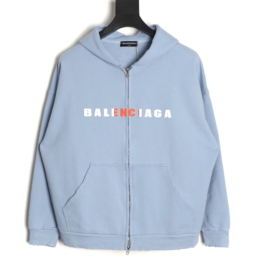 Balenciaga 25FW Light Blue Multicolor-Letter Zip Hoodie Jacket
