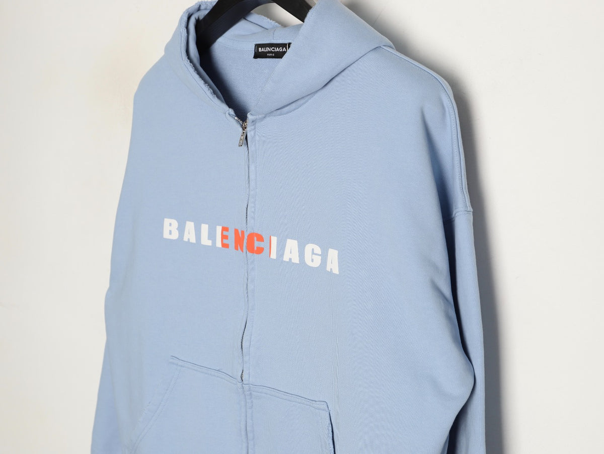 Balenciaga 25FW Light Blue Multicolor-Letter Zip Hoodie Jacket