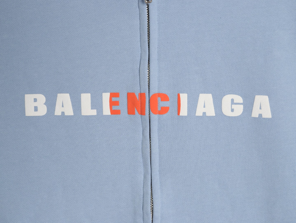 Balenciaga 25FW Light Blue Multicolor-Letter Zip Hoodie Jacket
