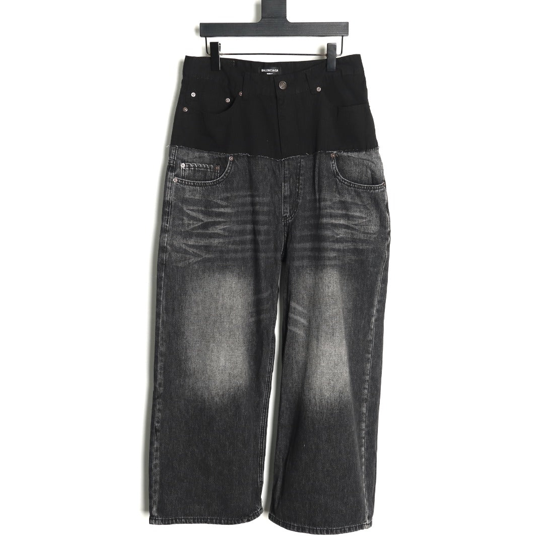 Balenciaga 25SS Black and Charcoal Panel-Detail Wide-Leg Jeans