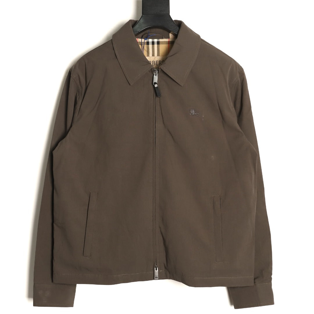 Burberry Dark Taupe Check-Lined Equestrian-Motif Zip Jacket