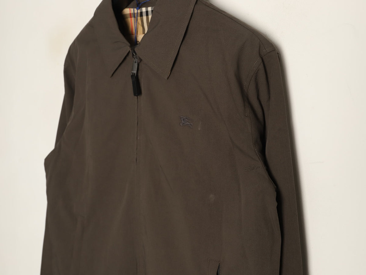 Burberry Dark Taupe Check-Lined Equestrian-Motif Zip Jacket