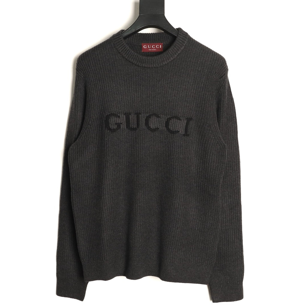 Gucci Black Tonal Chest-Letter Ribbed Crewneck Sweater