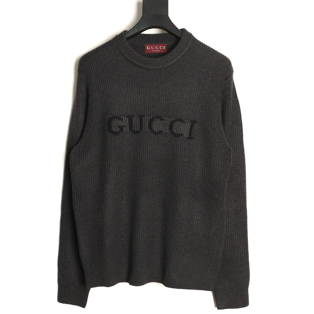 Gucci Black Tonal Chest-Letter Ribbed Crewneck Sweater