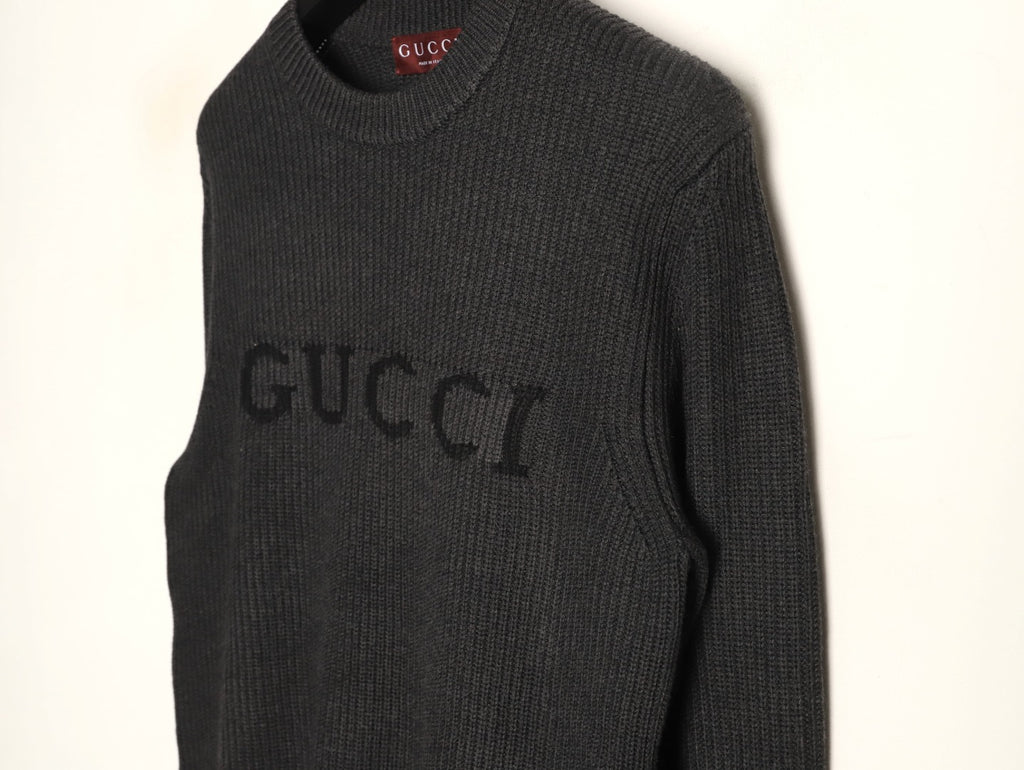 Gucci Black Tonal Chest-Letter Ribbed Crewneck Sweater