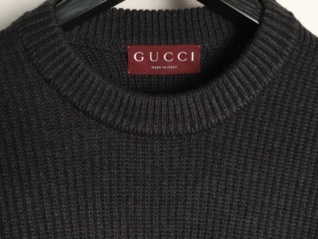 Gucci Black Tonal Chest-Letter Ribbed Crewneck Sweater