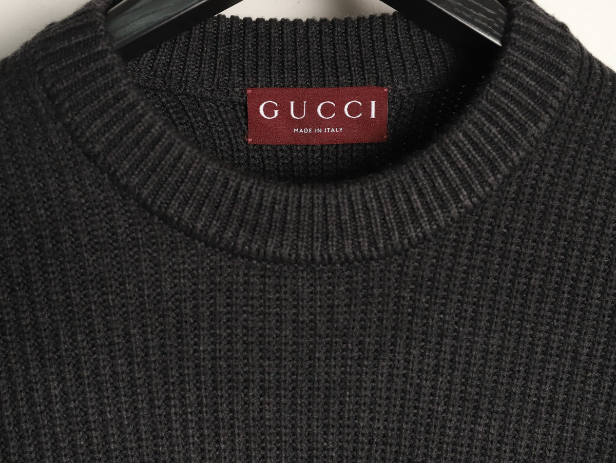 Gucci Black Tonal Chest-Letter Ribbed Crewneck Sweater