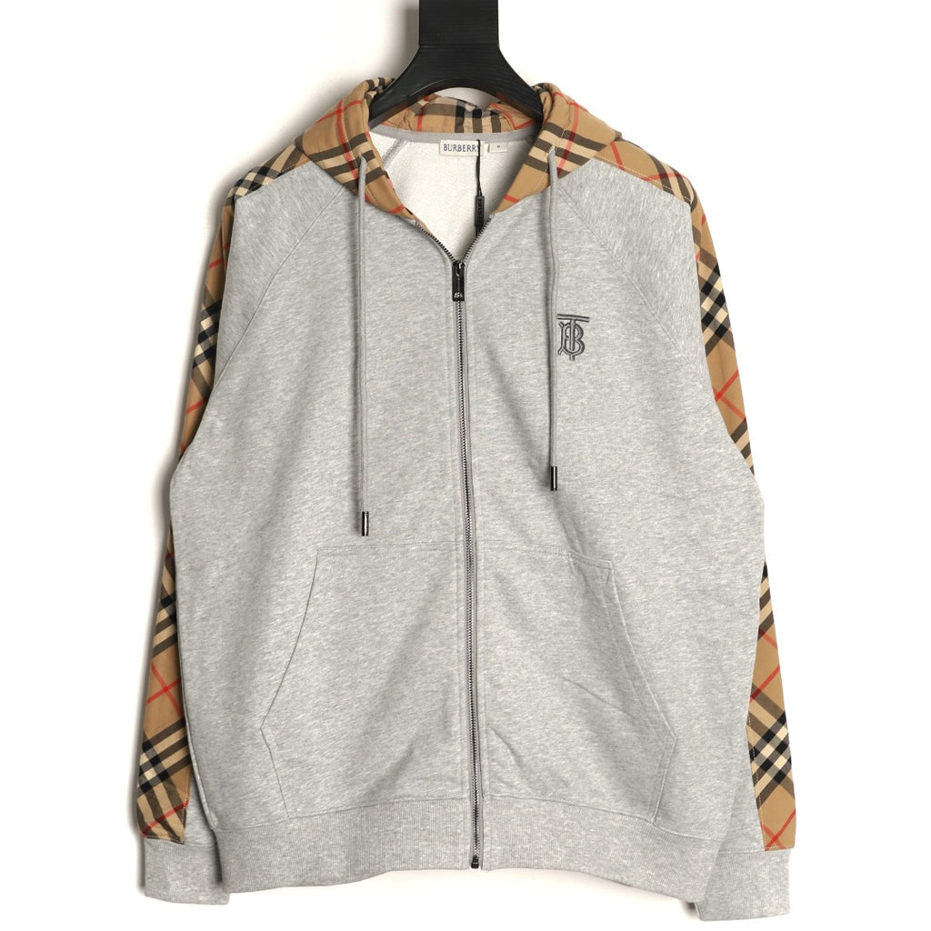 Burberry Gray TB-Motif Check-Panel Zip Hoodie Jacket