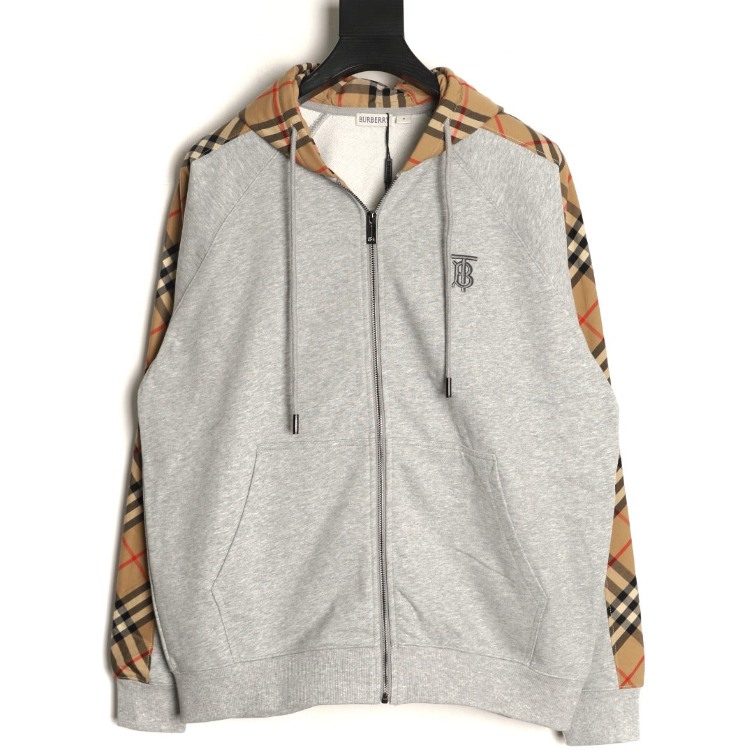 Burberry Gray TB-Motif Check-Panel Zip Hoodie Jacket