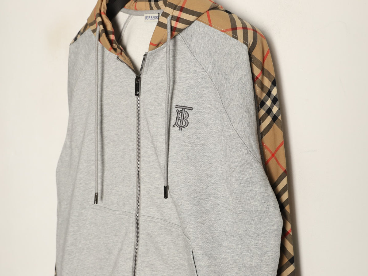 Burberry Gray TB-Motif Check-Panel Zip Hoodie Jacket