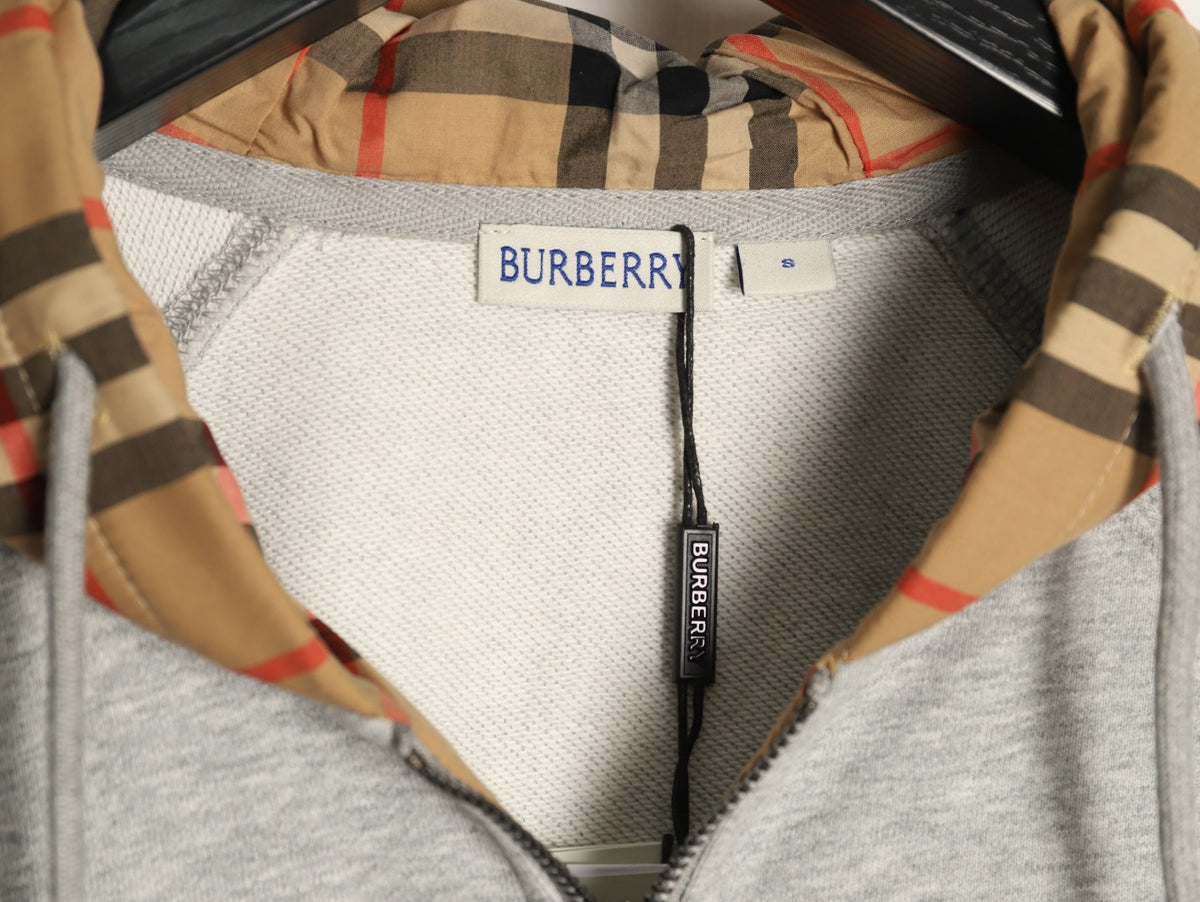Burberry Gray TB-Motif Check-Panel Zip Hoodie Jacket