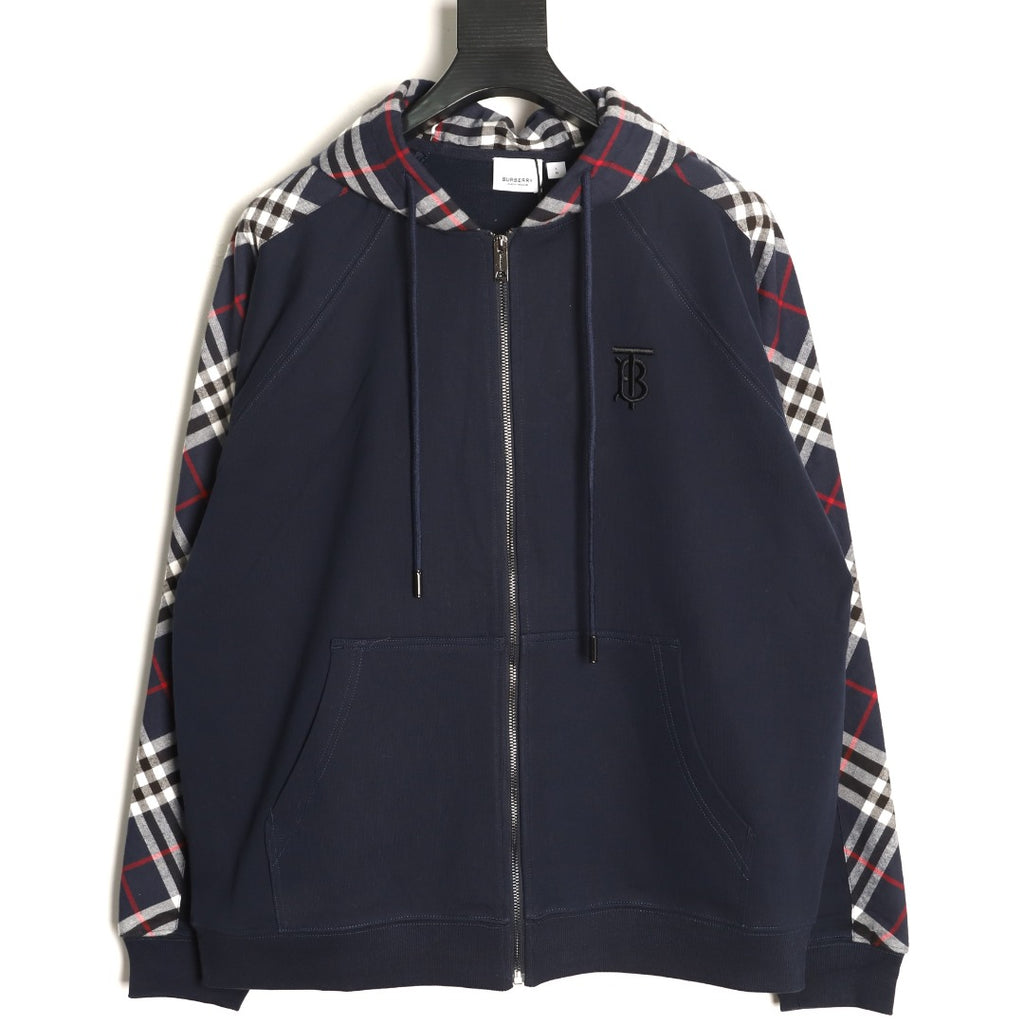 Burberry Navy TB-Motif Check-Panel Zip Hoodie Jacket