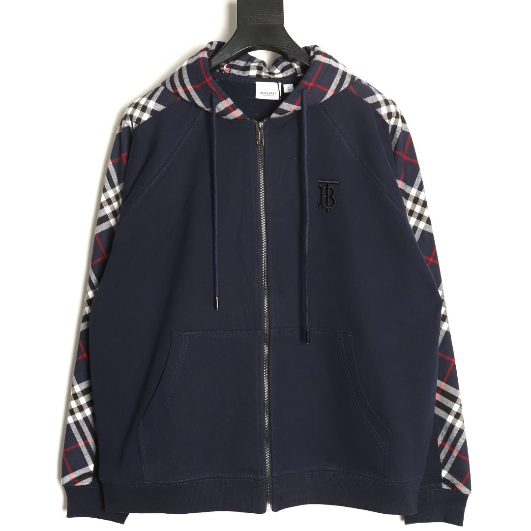 Burberry Navy TB-Motif Check-Panel Zip Hoodie Jacket