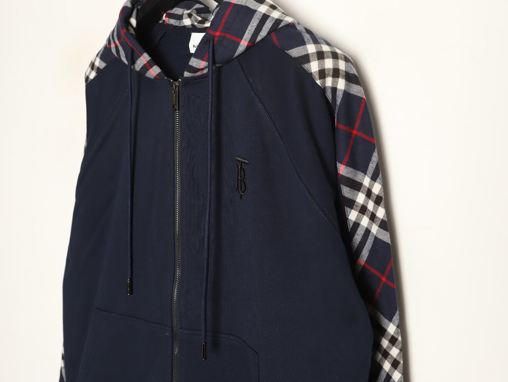 Burberry Navy TB-Motif Check-Panel Zip Hoodie Jacket