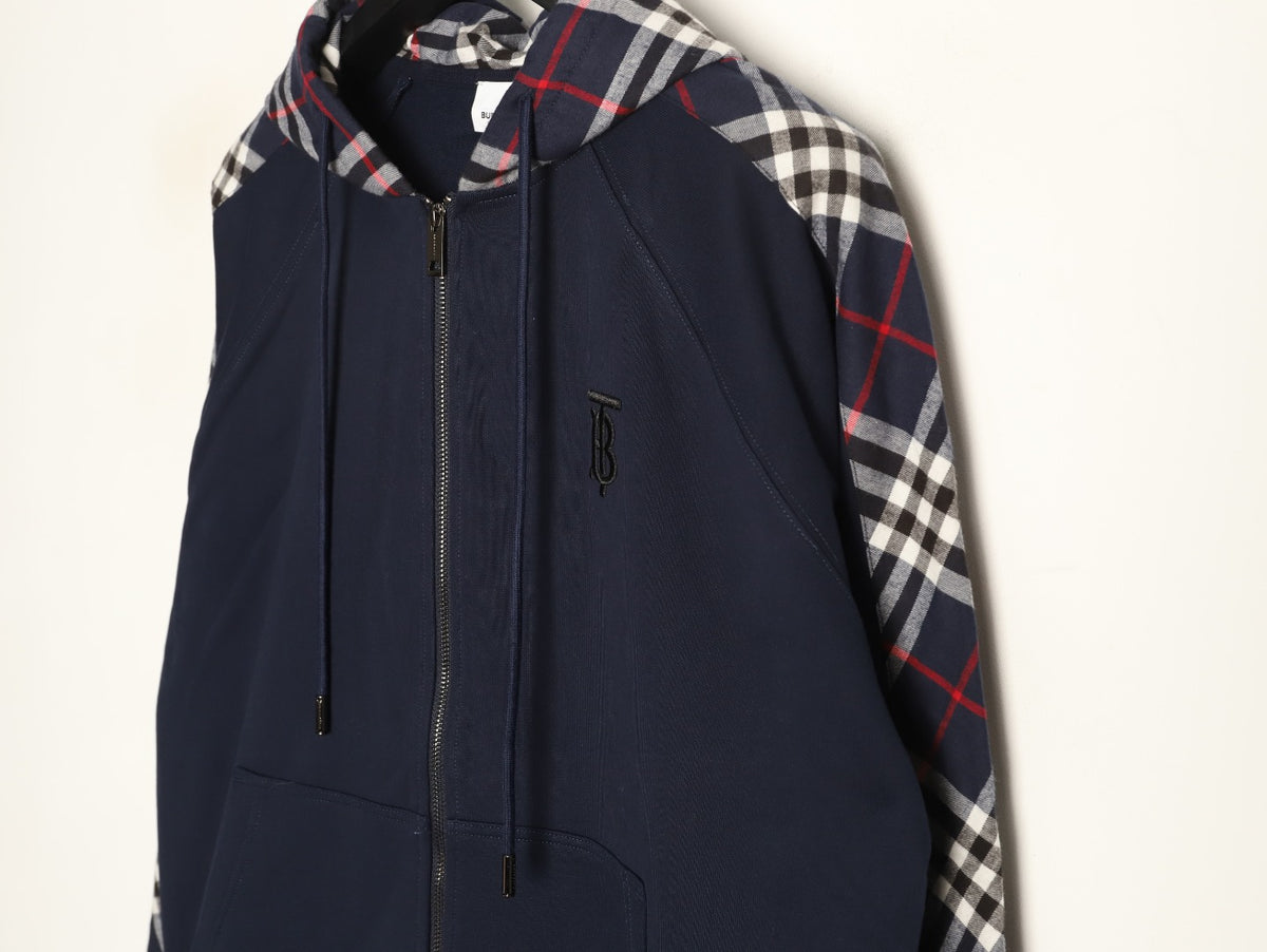 Burberry Navy TB-Motif Check-Panel Zip Hoodie Jacket