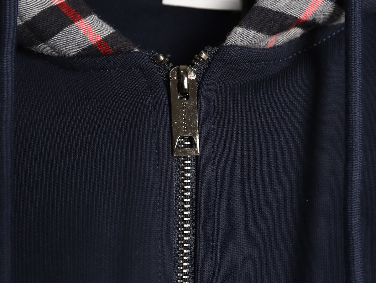 Burberry Navy TB-Motif Check-Panel Zip Hoodie Jacket