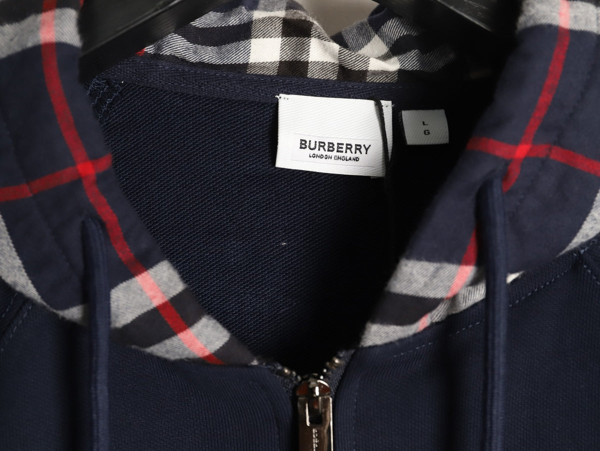 Burberry Navy TB-Motif Check-Panel Zip Hoodie Jacket