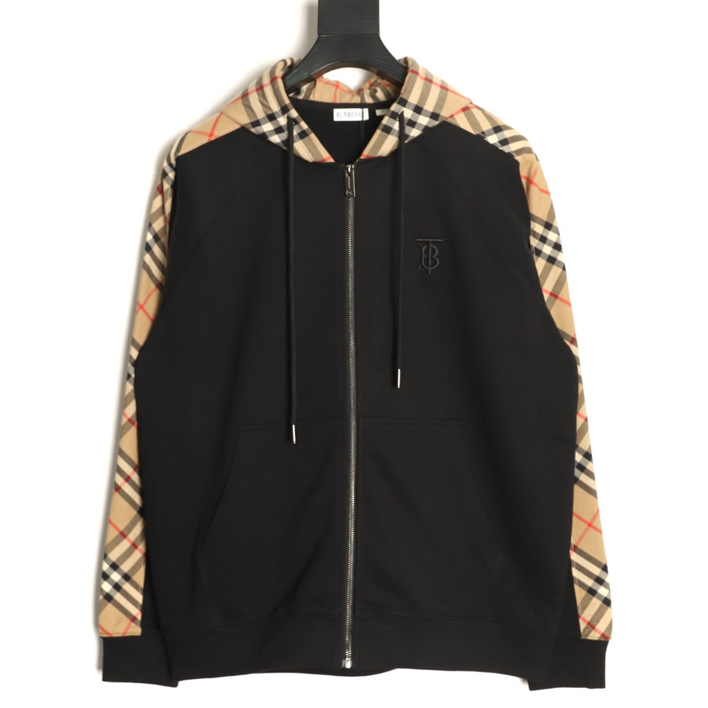 Burberry Black TB-Motif Beige Check-Panel Zip Hoodie Jacket
