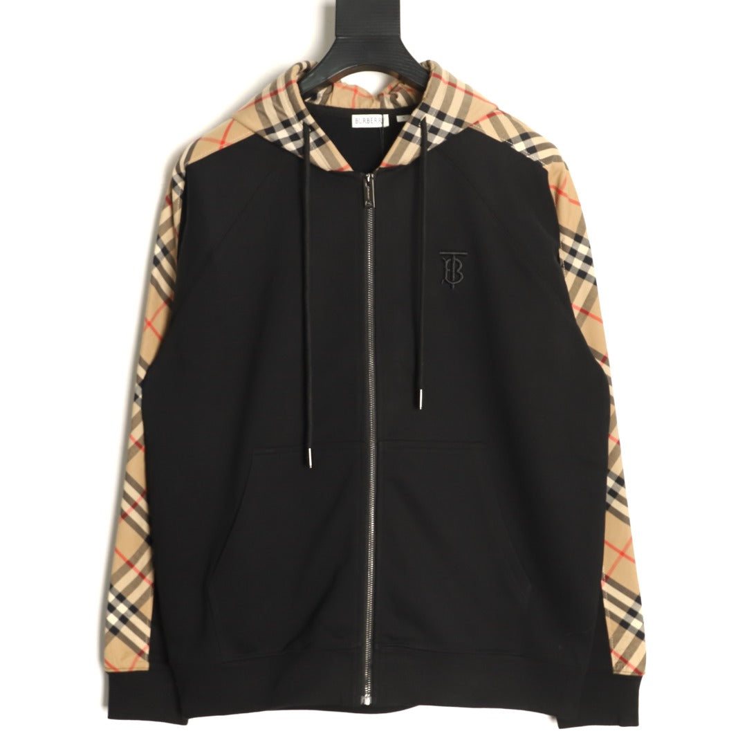 Burberry Black TB-Motif Beige Check-Panel Zip Hoodie Jacket
