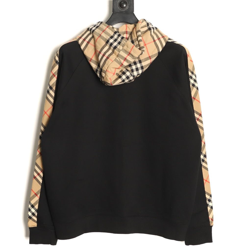 Burberry Black TB-Motif Beige Check-Panel Zip Hoodie Jacket