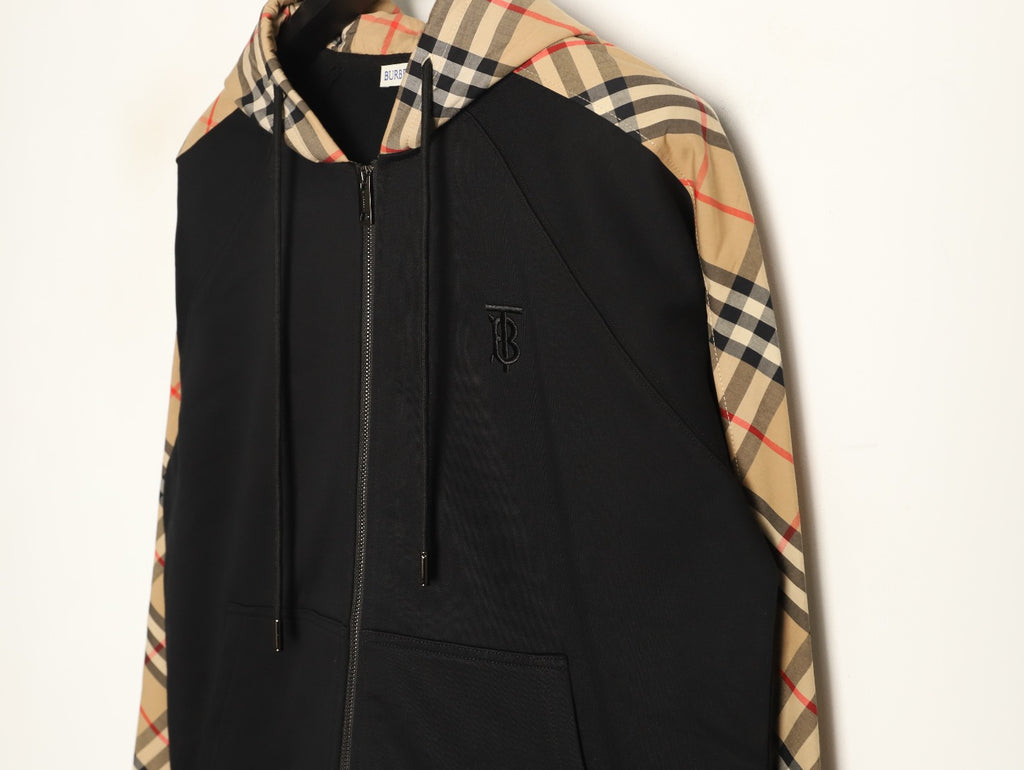 Burberry Black TB-Motif Beige Check-Panel Zip Hoodie Jacket
