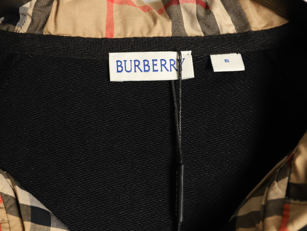 Burberry Black TB-Motif Beige Check-Panel Zip Hoodie Jacket