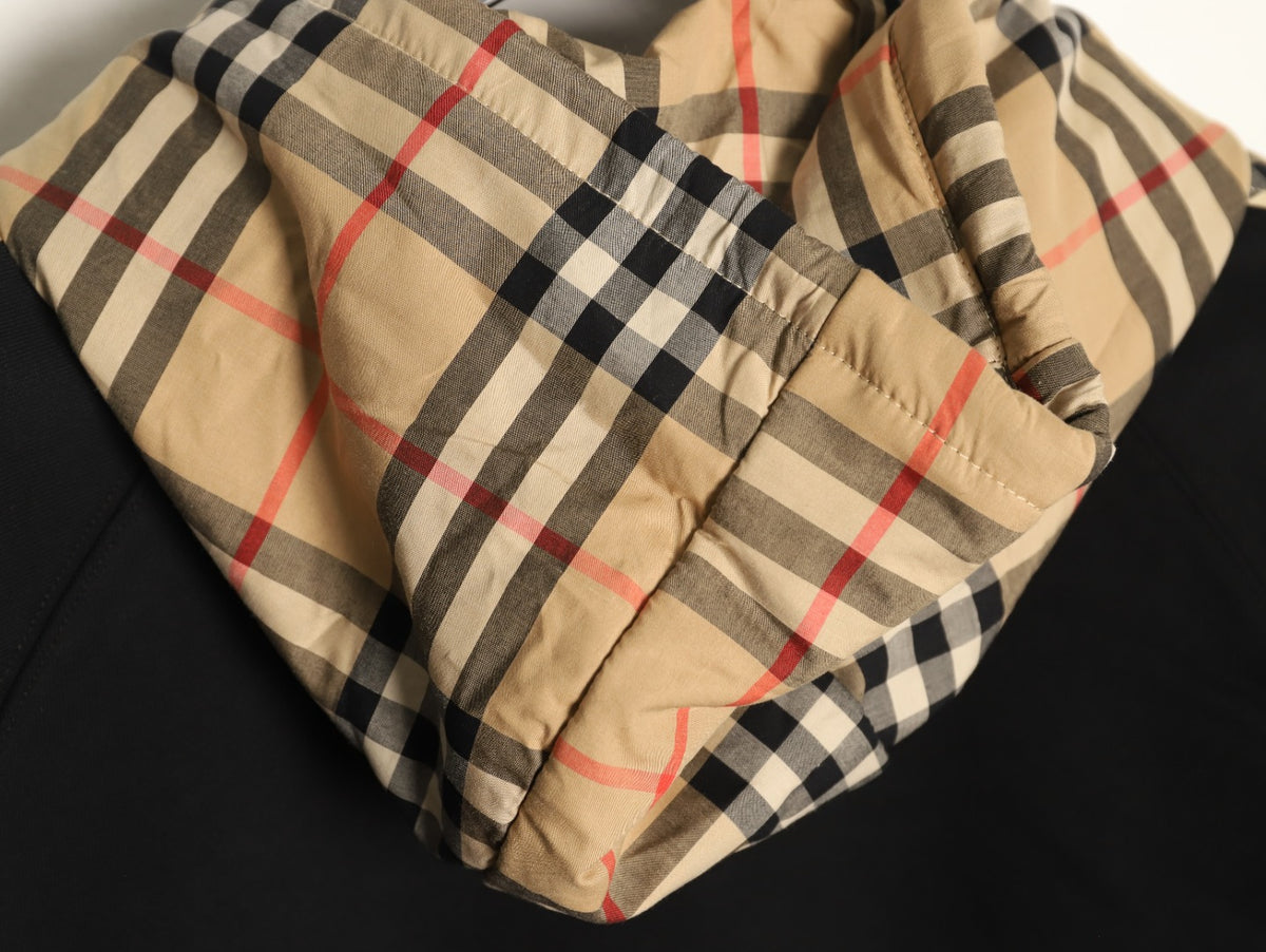 Burberry Black TB-Motif Beige Check-Panel Zip Hoodie Jacket